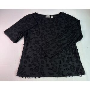 Chico's Design Black Textured Tunic Top L L/s Distressed Floral Size 2 (US‎ 12)